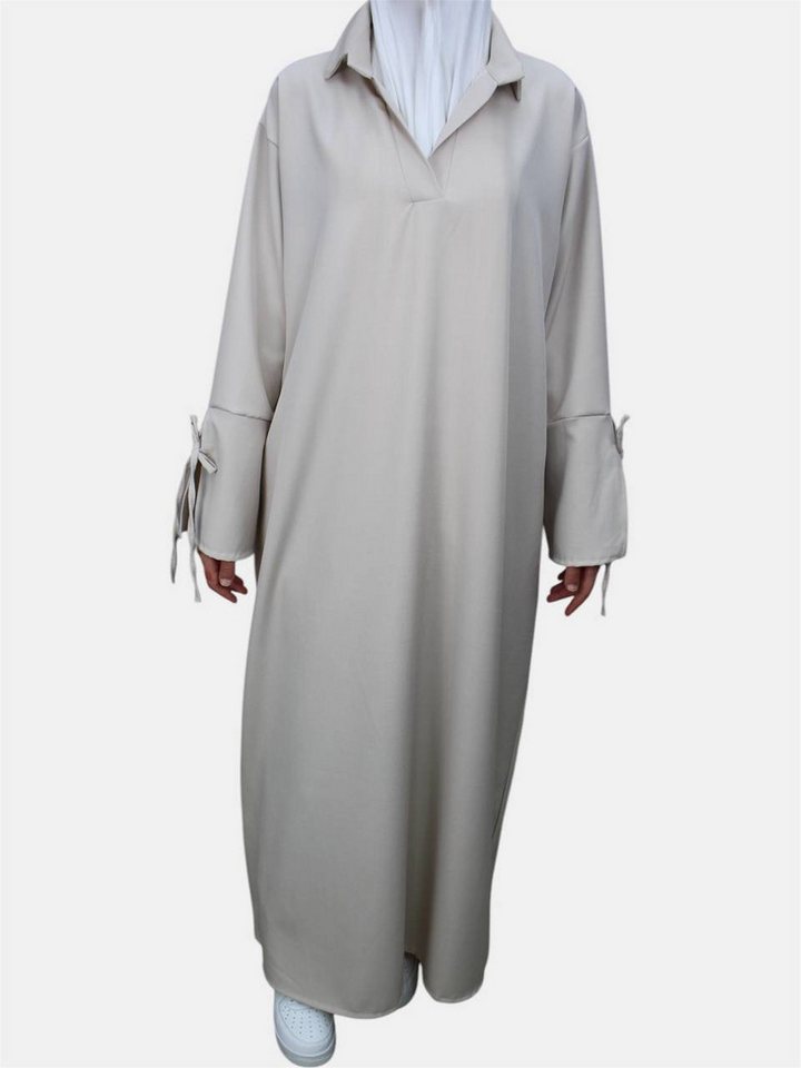 Aymasal Maxikleid Abaya Elmedina Schleifenarm Leinenoptik Ballonleid Islamische Kleidung Zierschleifen an den Ärmeln, Leinenoptik, Hemdkragen von Aymasal
