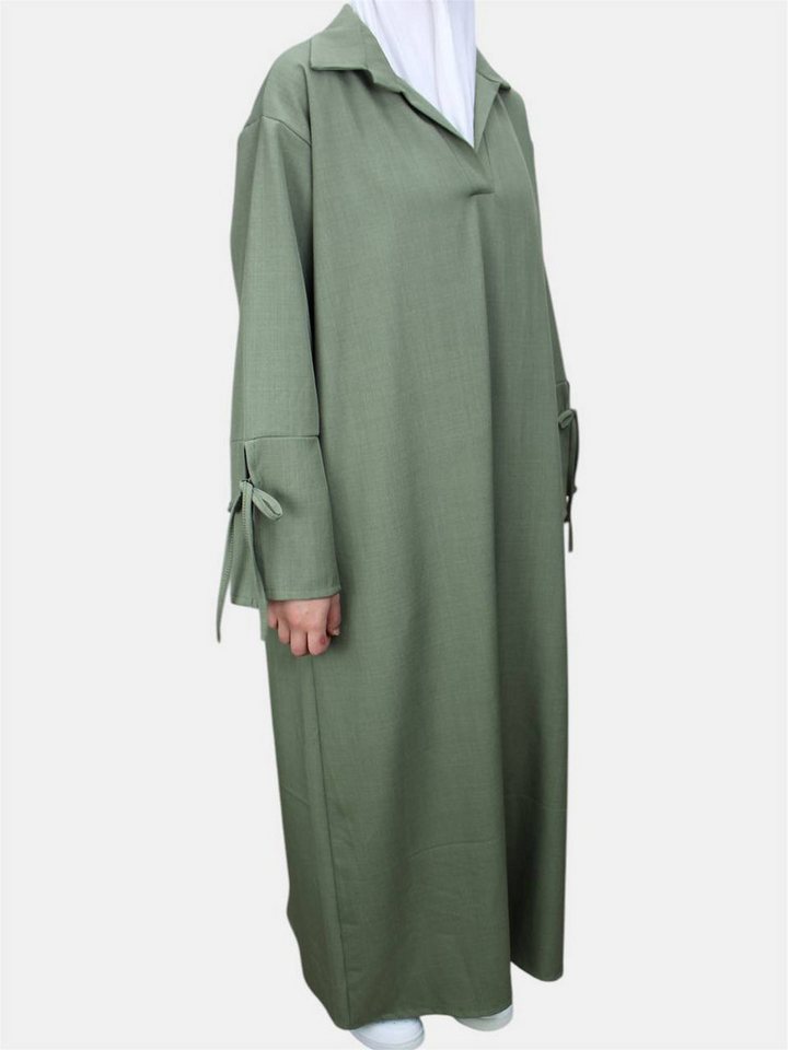 Aymasal Maxikleid Abaya Elmedina Schleifenarm Leinenoptik Ballonleid Islamische Kleidung Zierschleifen an den Ärmeln, Leinenoptik, Hemdkragen von Aymasal
