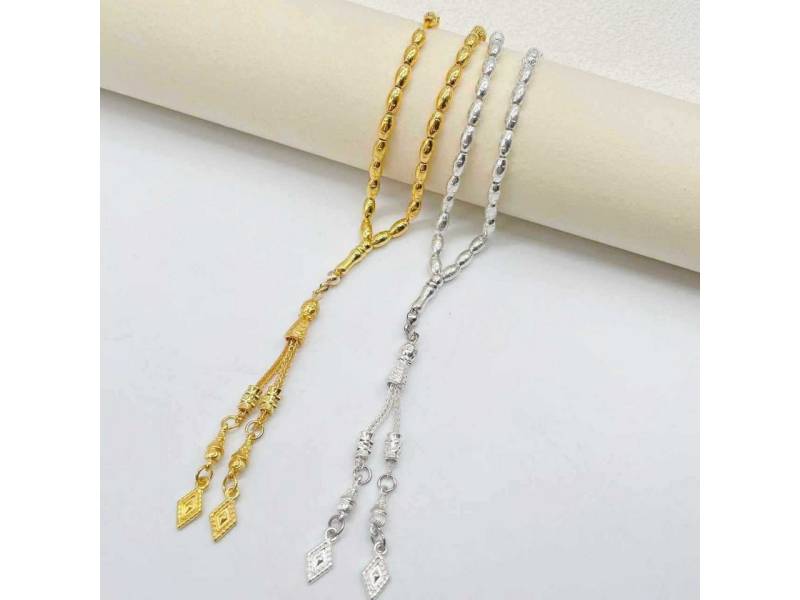 Aymasal Perlenkette 33 Perlen je 4x7mm Gebetskette Tesbih Tasbih Metall Kette nur 30 gramm, Sehr leicht, Reiskornform Perlen von Aymasal