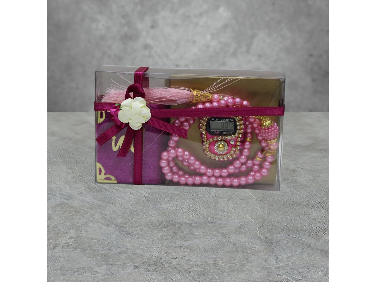 Aymasal Perlenketten-Set Islamische Geschenke 3tlg. 99 Perlenkette & Fingerzähler & Mini Koran, Dhikr Zähler mit Strasssteinen, schöne Geschenkverpackung von Aymasal