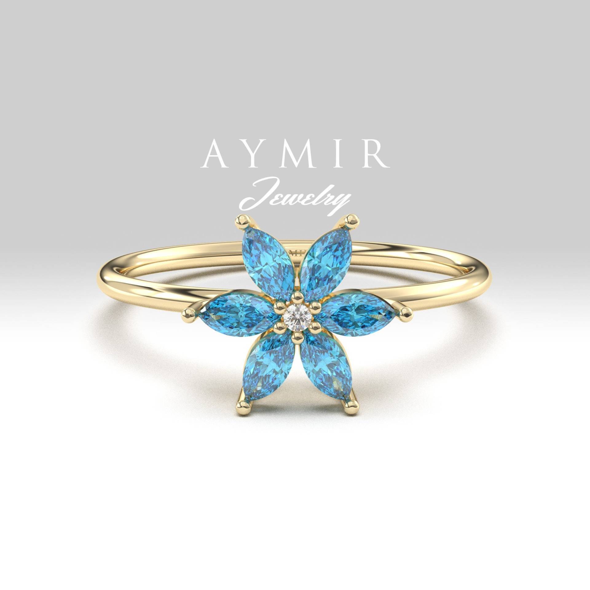 Blauer Topas Und Diamant Ring, Geburtsstein Goldring, März Zierliche Blume Geburtstagsgeschenk Für Sie von AymirJewelry