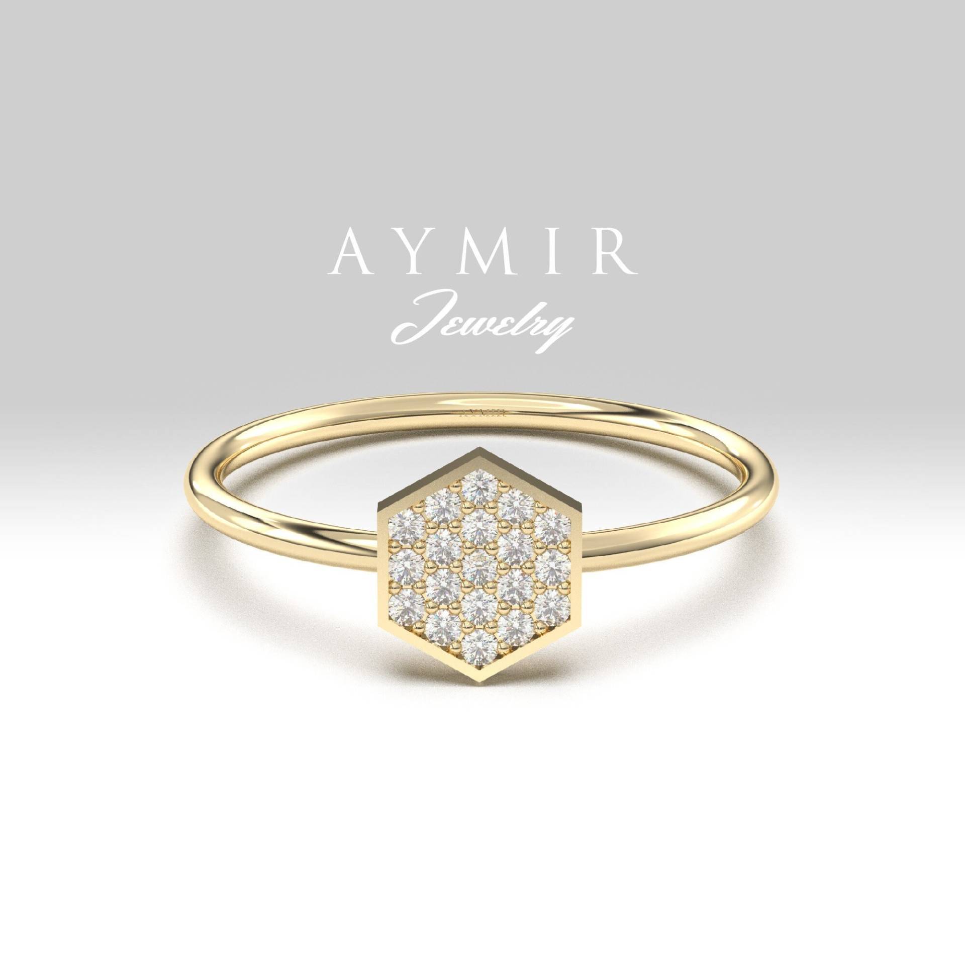 Diamantring, 14K Massivgold Diamant Pave Ring, Hexagon Stapelbarer Weißgold Geburtstagsgeschenk, Geschenk Für Mutter von AymirJewelry