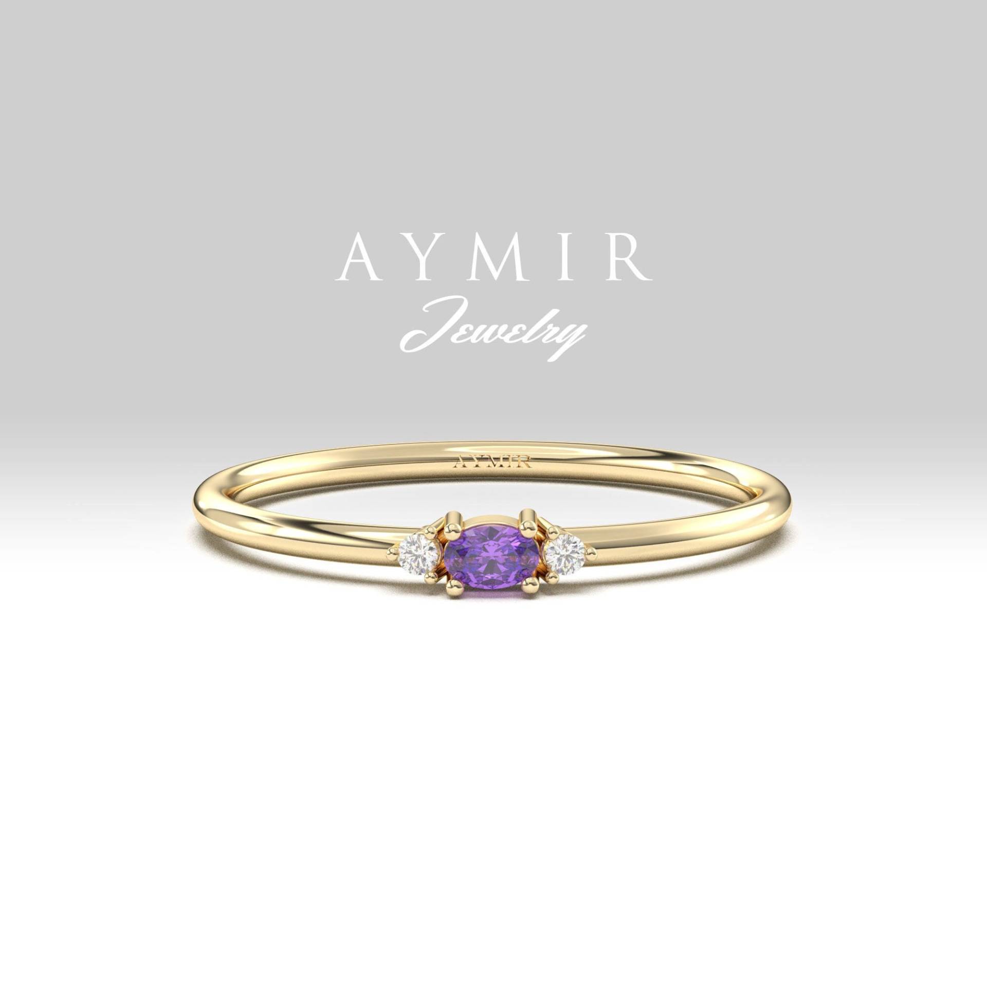 Dünner Amethyst Diamant Ring, Minimal Zierliche Kleine Stacking Täglichen Gebrauch Brautjungfer Geschenke, Valentinstag von AymirJewelry