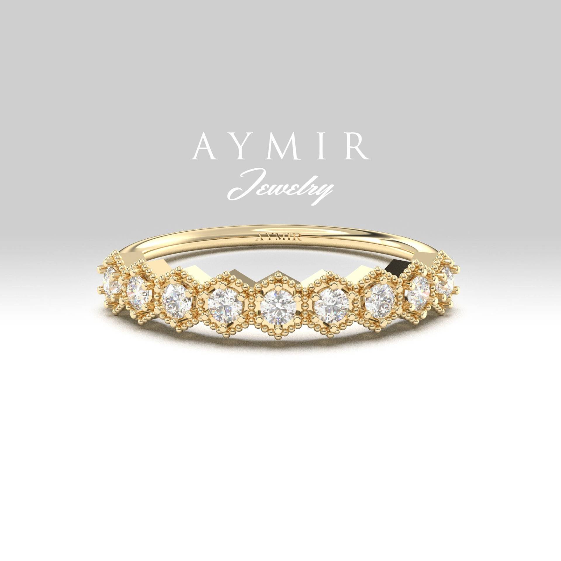 Hochzeit Diamant Goldring, Halbe Ewigkeit Einfache Zierliche Winzige 0.31Ctw Ring, Geburtstagsgeschenk von AymirJewelry