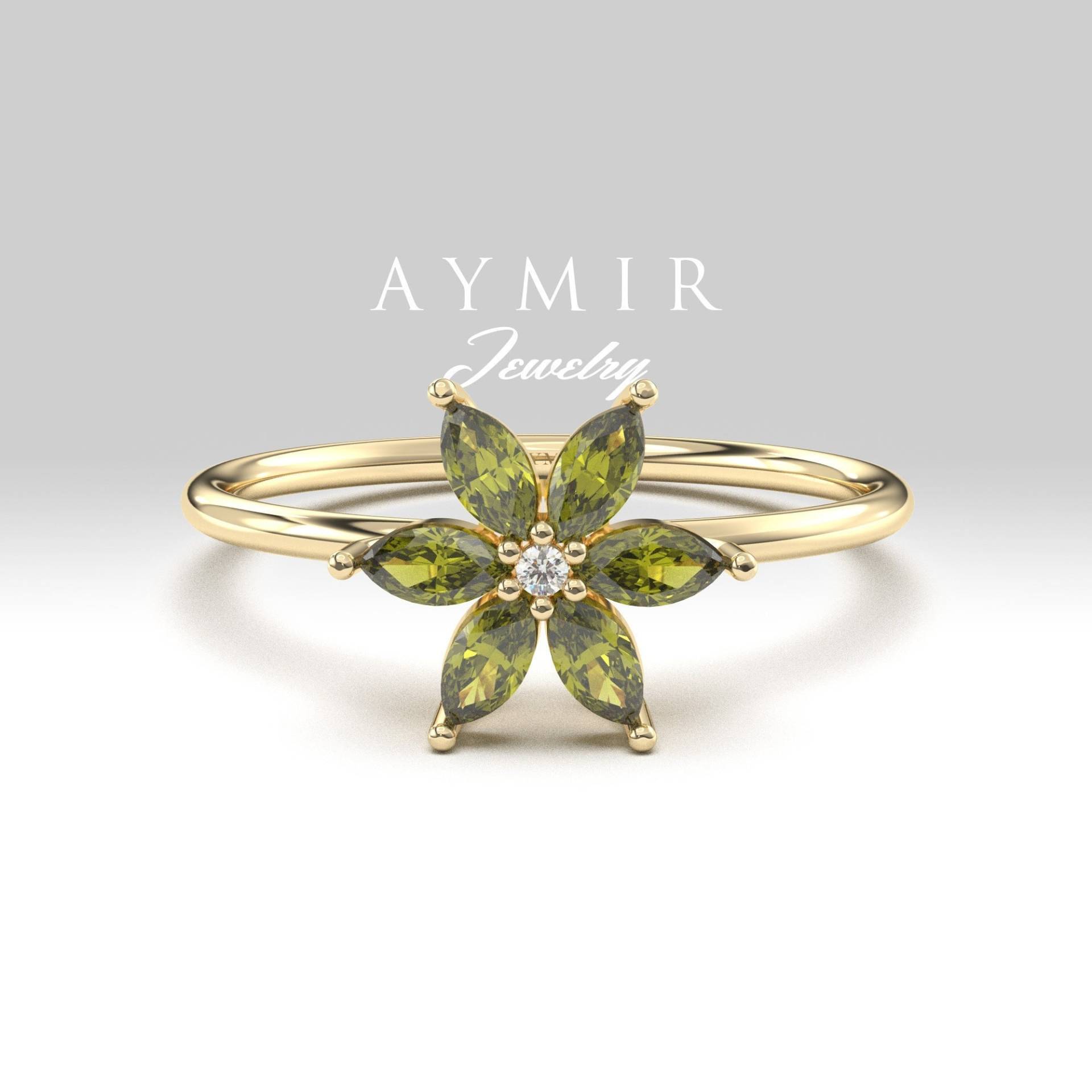 Peridot Diamant Ring, Solid Gold Zierliche Blume August Birthstone Geburtstagsgeschenk, Jubiläumsgeschenk, 8K 14K 18K von AymirJewelry
