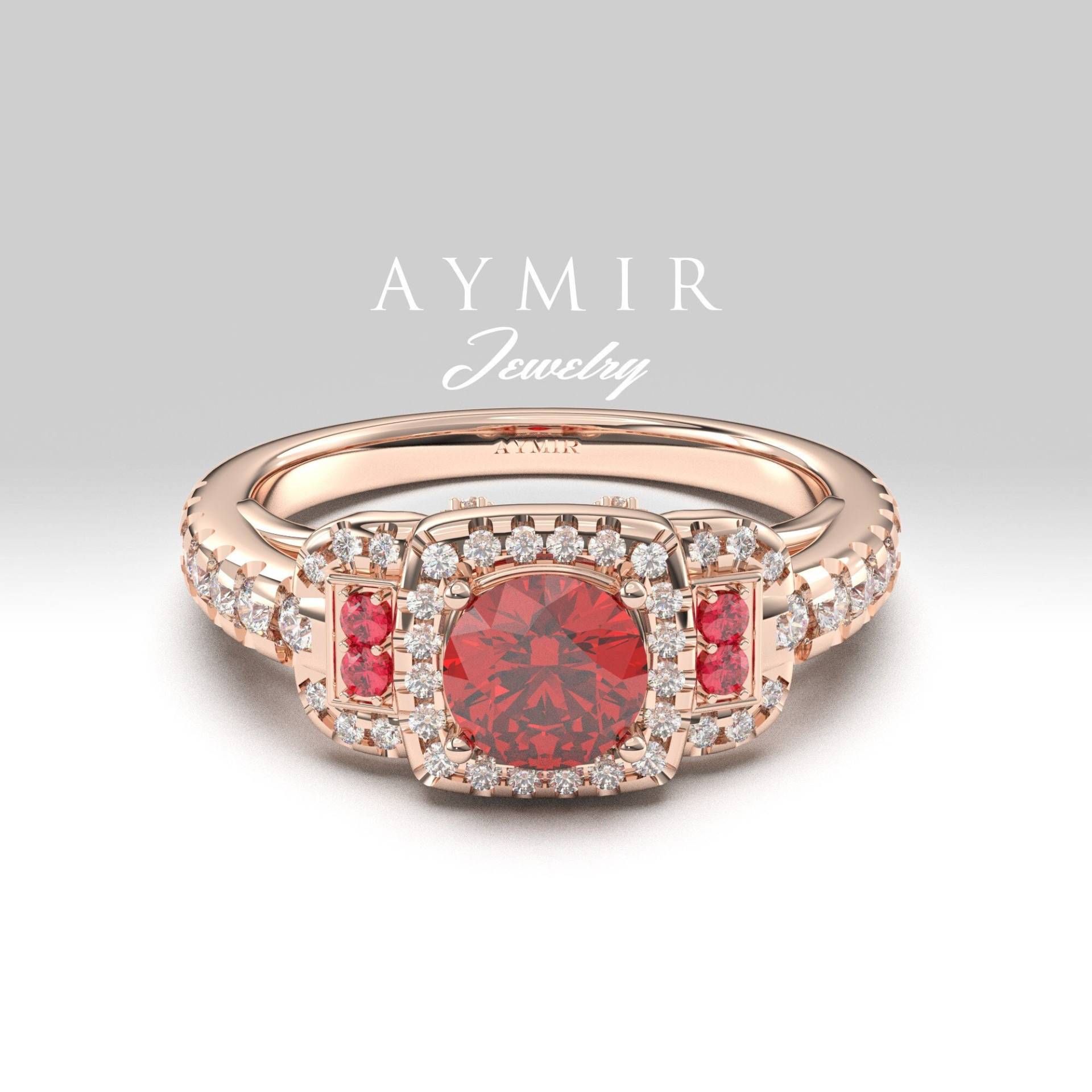 Rubin Und Diamant Verlobungsring, Zierliche Rosegold Ring, Roter Eleganter Jubiläumsgeschenk von AymirJewelry