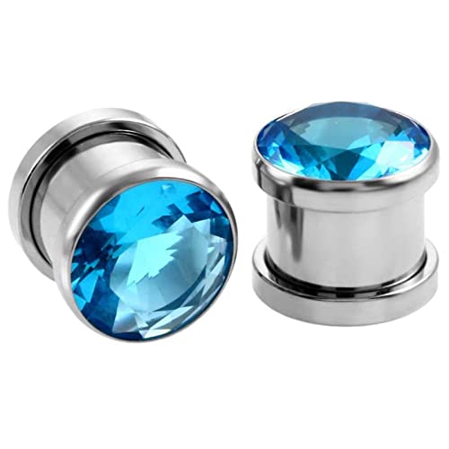 Ayoiow 2 STK Ohr Tunnel Plug, Edelstahl Ohr Plugs Herren Ohrringe Plug mit Blau Zirkonia Plugs 10mm von Ayoiow