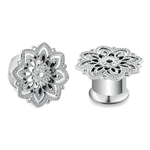 Ayoiow 2 Stk Ohr Tunnel Set Edelstahl, Hohl Blume Form Plugs 16mm Tunnel Piercing Silber von Ayoiow