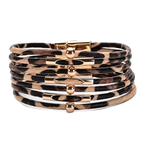 Ayoiow 8mm Perlen für Armbands Legierung 17cm Armband Leopard Print Mehrstöckiges Lederseil Schwarz Weiß Armbänder für Männer von Ayoiow