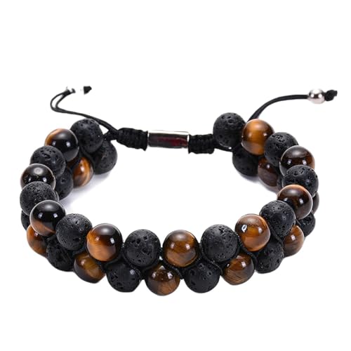 Ayoiow 8mm Perlenarmband 19cm Armreif 2 Schicht Lava Rock Double Row Armband Verstellbar Braun Schwarz Armbänder für Herren von Ayoiow
