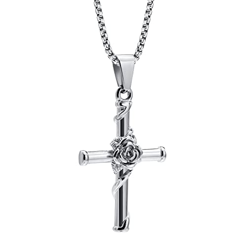 Ayoiow Anhänger Mit Kette Herren, Halskette Titan Kreuz Rose Halskette Silber von Ayoiow