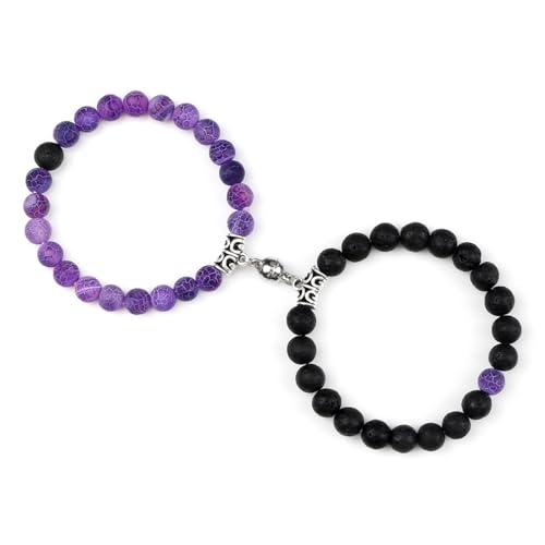 Ayoiow Armbänder Lavafelsen Damen 8mm, 2-Teiliges Set Elastisch Armbänder für Damen Lila Schwarz Lavafelsen Armband von Ayoiow