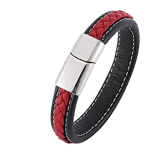 Ayoiow Armband Herren, Charm Armband Edelstahl Herren Armband Leder Schwarz Schwarz Rot Armband mit Silber Schnalle von Ayoiow