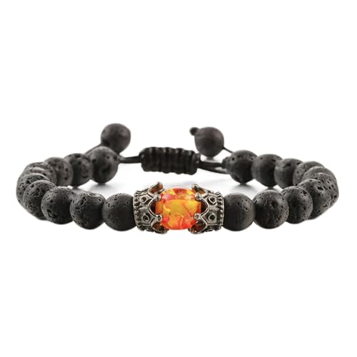 Ayoiow Armband Lavafelsen Damen 8mm, Einstellbar Armbänder für Herren Schwarz Orange Lavafelsen Armband Mit Krone von Ayoiow