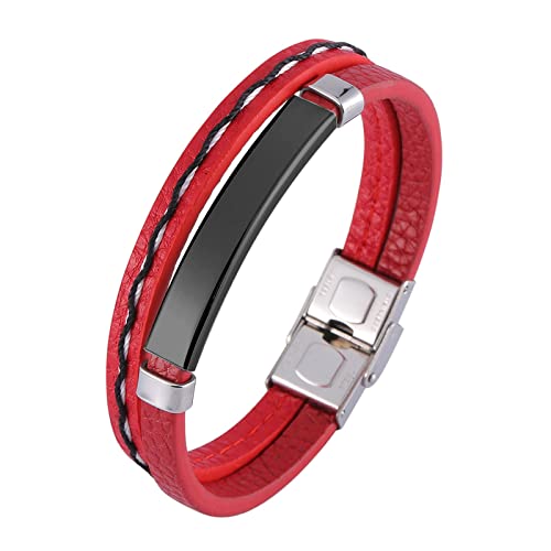 Ayoiow Armband Männer Kette, Armband Männer Edelstahl Armbänder Leder Doppelte Lage Rot Armband mit ID Tag von Ayoiow