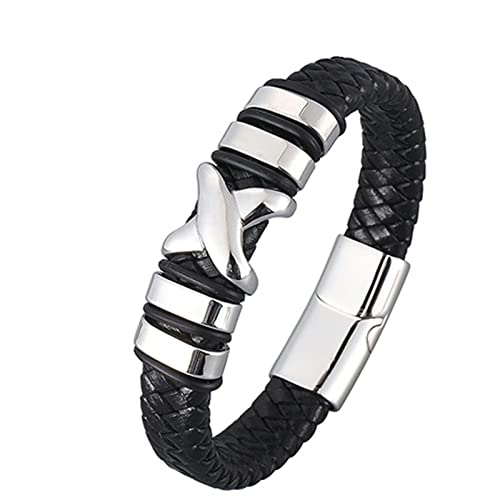 Ayoiow Armband Männer Leder Silber, 16.5cm Herren Armbanduhr X Geflochtenes Schwarzes Armband von Ayoiow