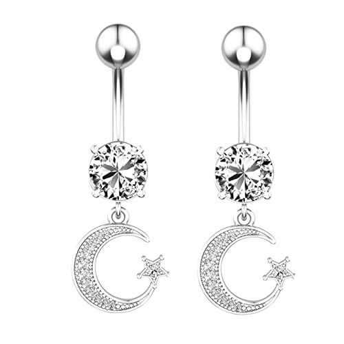 Ayoiow Bauchnabelpiercing Silber Chirurgenstahl Mond Stern Weiß Zirkonia Bauchnabelpiercing für Frauen Silber von Ayoiow