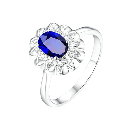 Ayoiow Damen Ring 18 Karat Ring Frauen Verlobung Blume Oval 1ct Blau Saphir Ring 0.1ct Damenring Steinchen Ringe Blau von Ayoiow