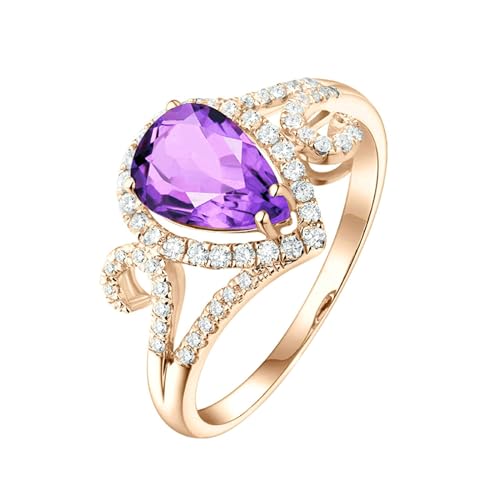 Ayoiow Damen Ring 18 Karat Ring Verlobung Damen Tropfen 1.33ct Lila Amethyst Ringe 0.25ct Damenring Steine Ring Roségold von Ayoiow