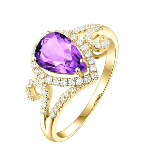 Ayoiow Damen Ring 18 Karat Trauringe Damen Tropfen 1.33ct Lila Amethyst Ring 0.25ct Damen Ring Steine Ringe Gelb Gold von Ayoiow