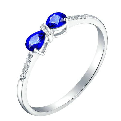 Ayoiow Damenring 18 Karat Ringe Damen Nickelfrei Bowknoten Tropfen 0.9ct Blau Saphir Ring 0.05ct Damenring Steinchen Ringe Blau von Ayoiow