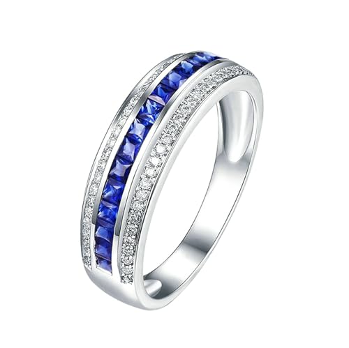 Ayoiow Damenring 18 Karat Verlobungsringe Damen Kanal Set Prinzessin Form 0.59ct Blau Saphir Ring 0.16ct Damen Ring Steine Ringe Blau Weißgold von Ayoiow