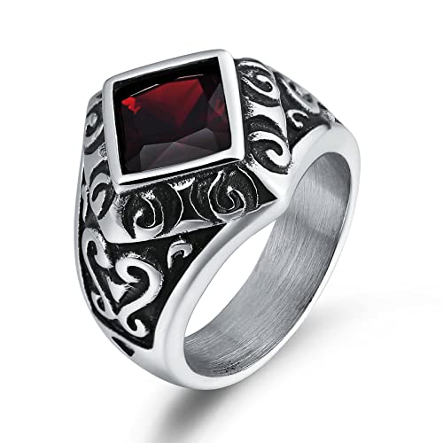 Ayoiow Edelstahl Ringe Gravur, Gothic Ringe Herren Filigraner Ring mit Rot Zirkonia Ring Größe 54 (17.2) von Ayoiow