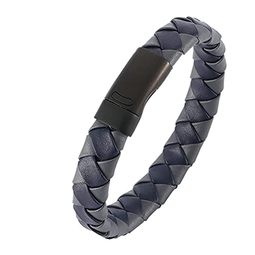 Ayoiow Herren Armband Leder Schwarz, 18.5cm Herren Armbanduhr Blau Grau Geflochtenes Armband Mit Schwarzer Schnalle von Ayoiow