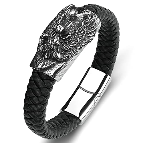 Ayoiow Herren Armband Leder Schwarz, 18.5cm Herren Armbanduhr Schwarzes Geflochtenes Armband Mit Drachenkopf von Ayoiow