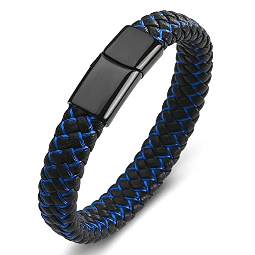 Ayoiow Herren Armband Leder Schwarz, 18.5cm Herren Armbanduhr Schwarzes Und Blaues Geflochtenes Armband von Ayoiow