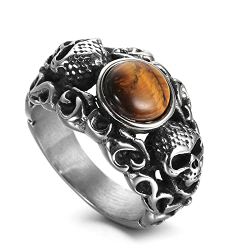 Ayoiow Herren Ring Edelstahl, Freundschaftsringe Gravur Filigraner Vintage Totenkopf Ring mit Braun Stein Ring Größe 57 (18.1) von Ayoiow