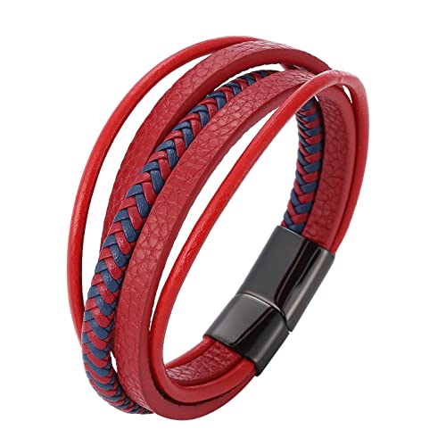 Ayoiow Männer Armbänder, Edelstahl Armband Männer Armband Leder Jungen Mehrschichtige Rot Blau Armband von Ayoiow