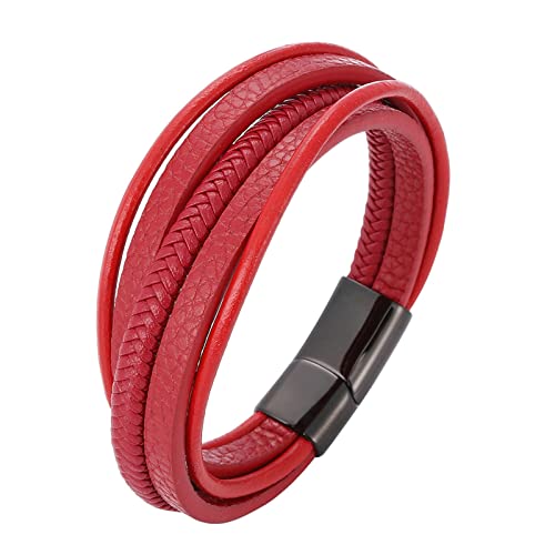 Ayoiow Männer Armband Indianer, Armreifen Edelstahl Armband Geflochten Leder Mehrschichtige Rot Armband von Ayoiow