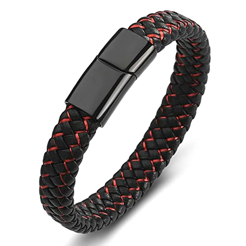 Ayoiow Männer Armband Kette, Herren Armband Metall Herren Armband Leder Schwarz Schwarz und Rot Geflochten Armband von Ayoiow