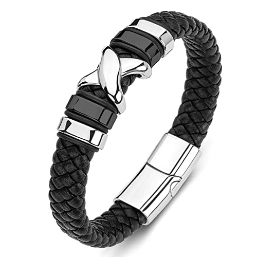 Ayoiow Männer Armband Leder Schwarz, 18.5cm Herren Armbanduhr Schwarzes Geflochtenes Armband Mit Verdrehtem Kreuz von Ayoiow