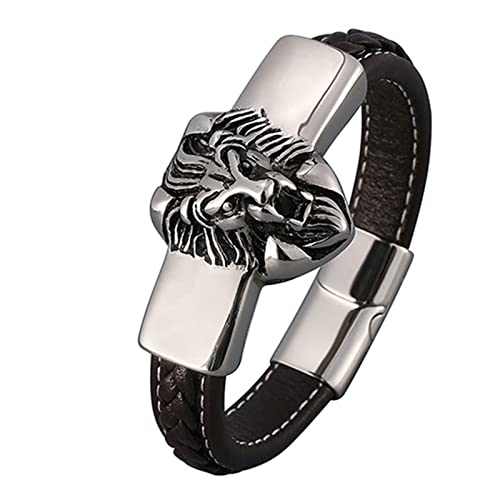 Ayoiow Männer Armband Leder Silber, Herren Armbanduhr 12mm Armband Mit Löwenkopf von Ayoiow