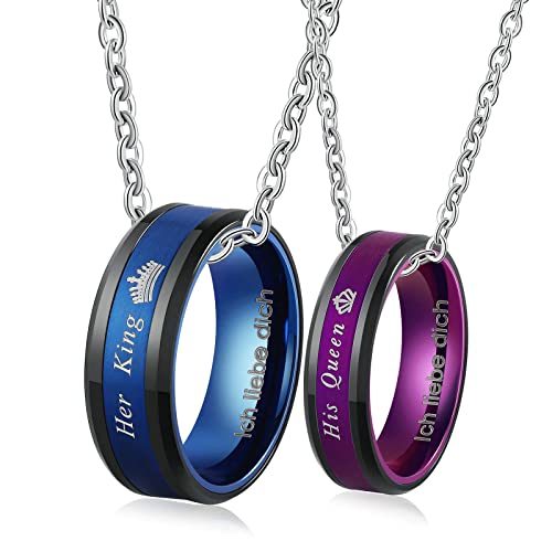 Ayoiow Partner Ketten für Sie und Ihn, Halskette mit Gravur Ich Liebe Dich Halskette für Paare Ring Anhänger Blau Lila von Ayoiow