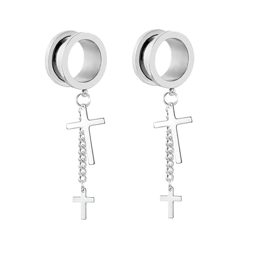 Ayoiow Plug Ohr 6MM Silber Chirurgenstahl Plug Mit Kette Und Kreuz Anhänger Damen Ohrringe Tunnel von Ayoiow