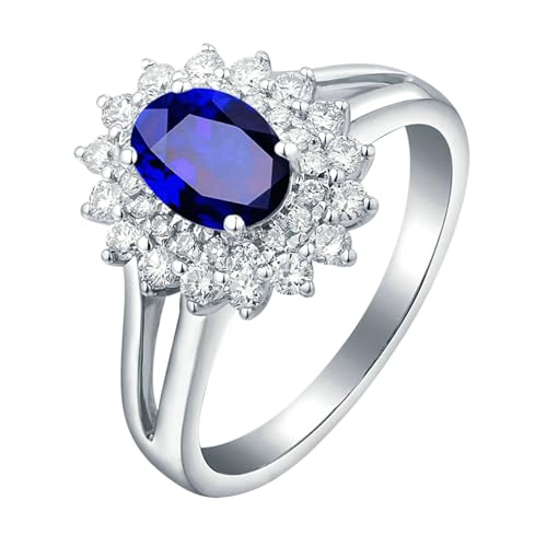 Ayoiow Ring Damen 18K Verlobungsring Damen Bloom Blume Oval 1.3ct Blau Saphir Ringe 0.62ct Damenring Steine Ring Blau Weißgold von Ayoiow