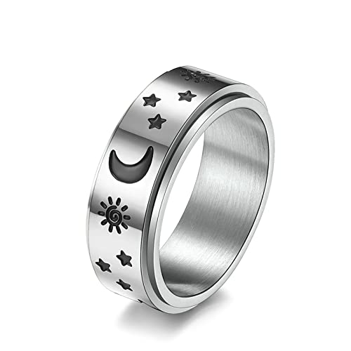 Ayoiow Ring Frauen Edelstahl, Eheringe Silber Drehbarer Zappelring mit Sonne-Mond-Sternmuster Größe 67 (21.3) von Ayoiow