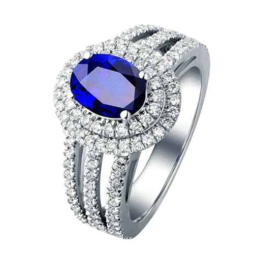 Ayoiow Ring für Frauen Weißgold 18 Ring für Damen 4-Polig Oval 1.57ct Blau Saphir Ringe 10.9ct Damenring Mit Steinen Ring Blau von Ayoiow