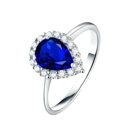 Ayoiow Ring für Frauen Weißgold 18 Ringe Damen Modeschmuck Tropfen 1.09ct Blau Saphir Ringe 0.187ct Damenring Mit Steinen Ring Blau von Ayoiow