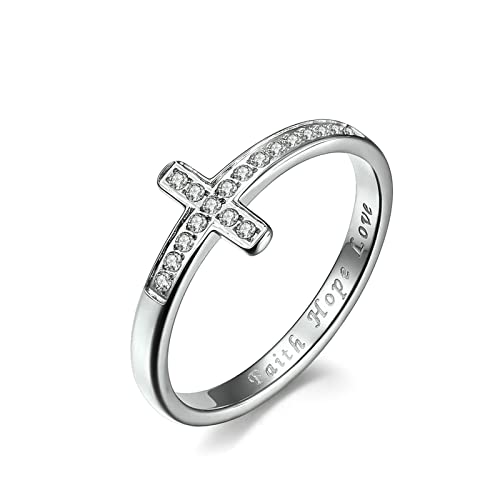 Ayoiow Ringe für Damen Edelstahl, Hochzeitsringe Silber Eternity Zirkonia-Kreuzring mit Gravur Faith Hope Love Größe 62 (19.7) von Ayoiow