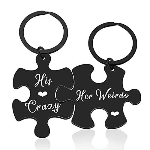 Ayoiow Schlüsselanhänger 2er Set für Paare Puzzle mit Gravur His Crazy Her weirde Paar Schlüsselanhänger Edelstahl Schlüsselanhänger Glücksbringer Schwarz von Ayoiow