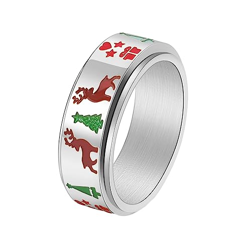 Ayoiow Titan Damen Ringe 8MM Silber Verlobungsring Damen Weihnachtsmotiv Hirschbaum Schneeflocken Spinner von Ayoiow