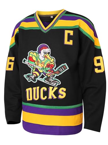 Mighty Ducks Trikot 96 Charlie Conway 99 Adam Banks Movie Eishockey Trikot 90er Jahre Hip Hop Kleidung für Party, 96 - Schwarz, L von Ayoubaus