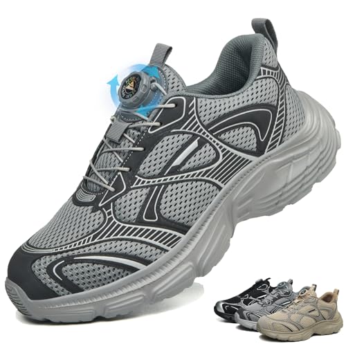 Ayqyc Damen Sicherheitsschuhe Herren Arbeitsschuhe mit Stahlkappe Leicht Sportliche Atmungsaktiv rutschfeste Drehverschluss, Grau, 37 EU von Ayqyc