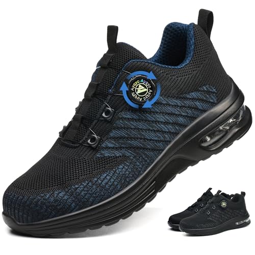 Ayqyc Sicherheitsschuhe Herren Damen Arbeitsschuhe Leicht Atmungsaktiv rutschfeste Stahlkappenschuhe mit Drehschnallen Schnürsenkeln Blau 42 EU von Ayqyc