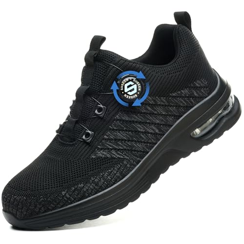Ayqyc Sicherheitsschuhe Herren Damen Arbeitsschuhe Leicht Atmungsaktiv rutschfeste Stahlkappenschuhe mit Drehschnallen Schnürsenkeln Schwarz 37 EU von Ayqyc