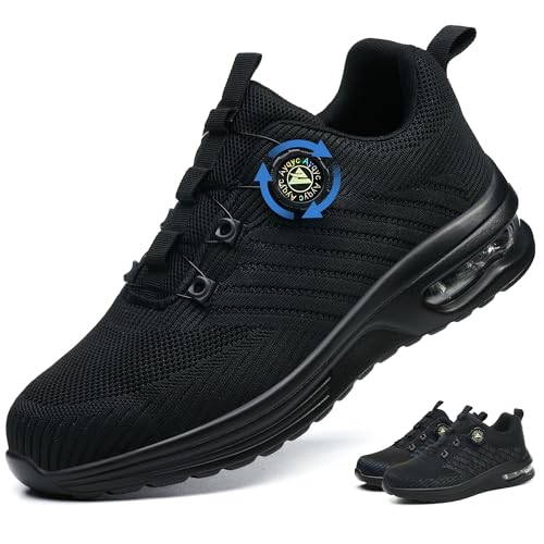 Ayqyc Sicherheitsschuhe Herren Damen Arbeitsschuhe Leicht Atmungsaktiv rutschfeste Stahlkappenschuhe mit Drehschnallen Schnürsenkeln Schwarz 40 EU von Ayqyc
